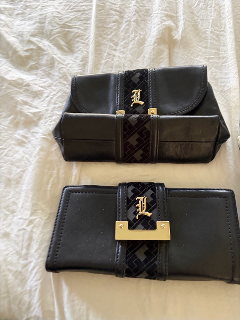 L.A.M.B. Black Leather Satchel with Striped Lining and Gold Hardware - Picture 3 of 4
